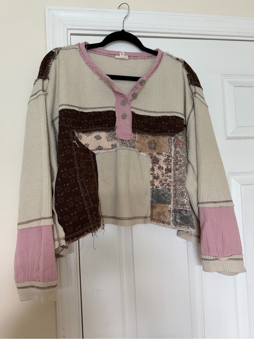 POL Patchwork Waffle-Knit Crew Sweater in Cream, Pink & Brown